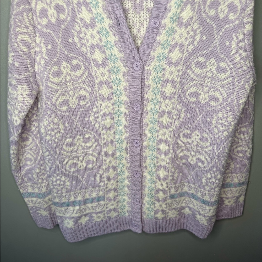 National Vintage 90s Pastel Lavender Fair Isle Cardigan - Picture 5 of 9